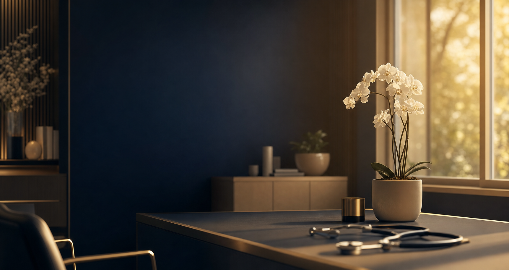 A serene medical office at golden hour with an orchid and stethoscope